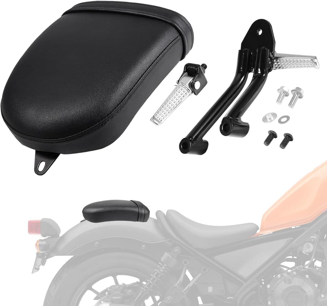 Passenger Seat & Foot Pegs for Rebel 300 500, Motorcycle Rear Seat Footrests Footpegs Kit Replacement Accessories for Honda Rebel 300/500 CMX 300/500 2017-2024 black Passenger Seat