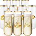 Reallnaive 12 Pcs Bridesmaid Wine Glasses Bachelorette Party Champagne Flutes 9oz Disposable Stemless Glass Champagne Flutes Gold Rim Toasting Glasses for Weddings and Parties with 12 Pcs Stickers