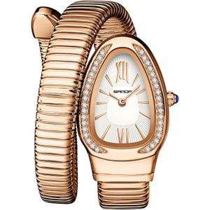 Gosasa Snake Bracelet Watch for Women, Elegant Bangle Wrist Watch with Flexible Wrap Strap Design, Fashion Jewelry Style Quartz Watch, Adjustable Cuff Watch for Dress & Gift (B-Rose White)