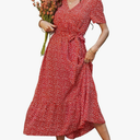 PRETTYGARDEN Women's Summer Floral Boho Maxi Dress Wrap Short Sleeve V Neck Ruffle A-Line Flowy Wedding Guest Long Dresses
M