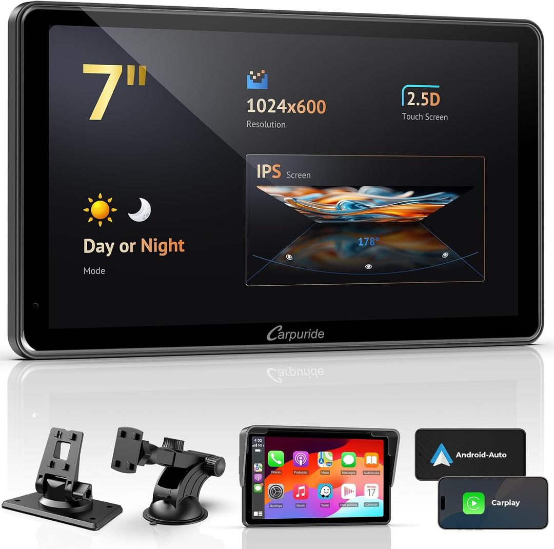CARPURIDE 7 Inch Carplay Screen for CarWired/Wireless CarPlay Screen for Apple CarPlay & Android Auto, Mirror, Siri, Bluetooth, Navigation, External MIC Port, TF Card/USB Playback