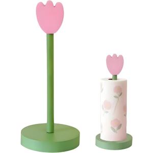 Paper Towel Holder Countertop, Cute Decorative Wooden Standing Paper Towel Roll Holder for Kitchen Bathroom, Bars & Dining Tables (Pink Flowers)