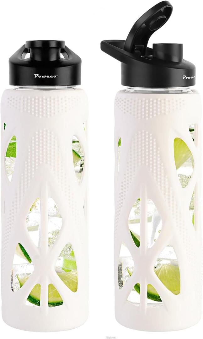 poweco 24oz Glass Water Bottle with Silicone Sleeve and Spout Lid - High Borosilicate Glass, Wide Mouth, Leakproof with Handle, BPA-Free, Perfect for Hydration on the Go (White)