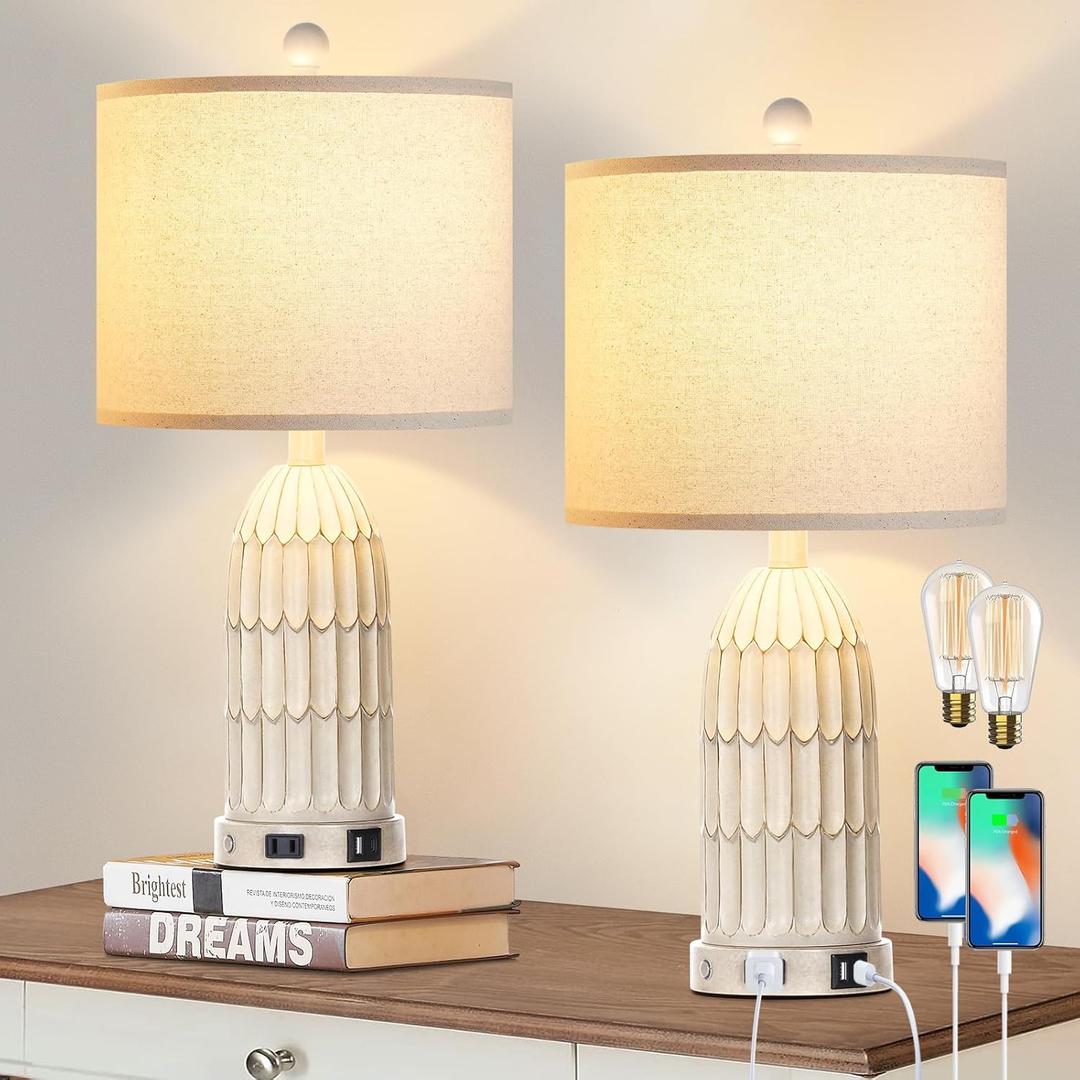 Cinkeda Farmhouse Table Lamps Set of 2, 3-Way Dimmable Touch Lamp for Bedroom Nightstand with USB A+C Ports & AC Outlet, White Vintage Boho Bedside Lamp for Living Room End Table (Bulbs Included)