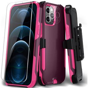 Xmon for iPhone 12 Pro Max Phone case, [Shockproof] [Belt Clip Kickstand] [Tempered Glass Screen Protector with Camera Lens Protector] Heavy Duty Cover for iPhone 12 Pro Max 6.7 inch (Rose)
