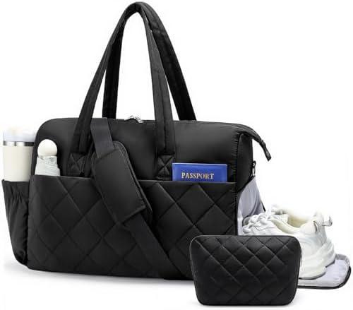 kookoomia Gym Bag for Women with Shoe Compartment, 2-PC Lightweight Puffer Weekender Duffle with Wet Pocket, Quilted Carry on Travel Bag for Overnight Dance Hospital, Water Resistant, Black
