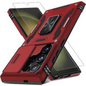 DEERLAMN Case for Samsung Galaxy S24 Ultra with Slide Camera Cover+Screen Protector (1 Pack), Rotated Ring Kickstand Military Grade Shockproof Protective Cover-Red (S24 Ultra-6.8 Inch)