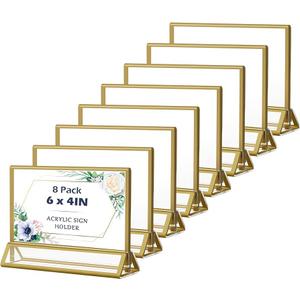 EHWINE 8 Pack 4×6 Clear Acrylic Sign Holder with Gold Borders and Vertical Stand, Double Sided Table Menu Holders Picture Frames for Wedding Table Numbers, Restaurant Signs, Photos and Art Display
