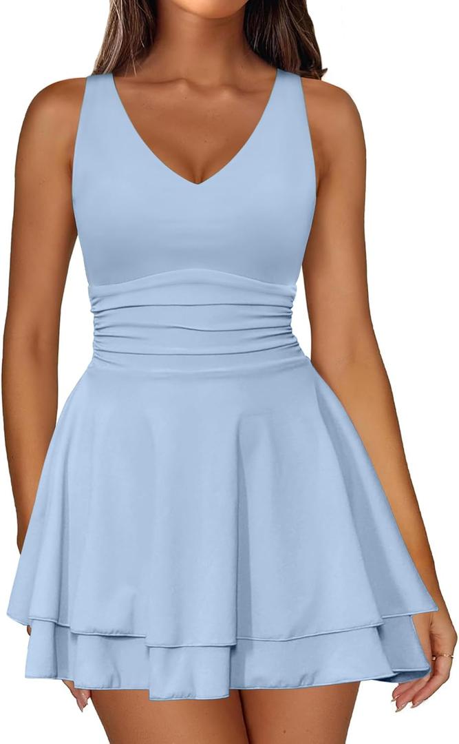 IWD Women's Sexy V Neck Sleeveless Corset Mini Dress Tiered Ruffle Hem A Line Short Party Club Dresses (Blue, L)