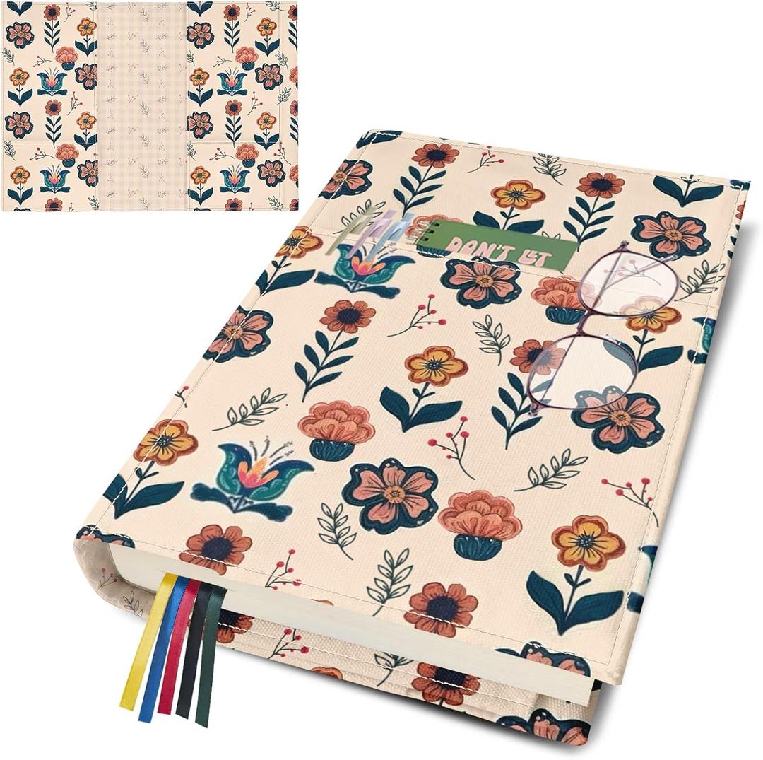 Floral Book Cover for Paperbacks,Adjustable Waterproof Soft Canvas Fabric Book Cover with Pocket Bookmark,Double Side Print Book Protector Covers for Hardcover Book Lover Gift Women