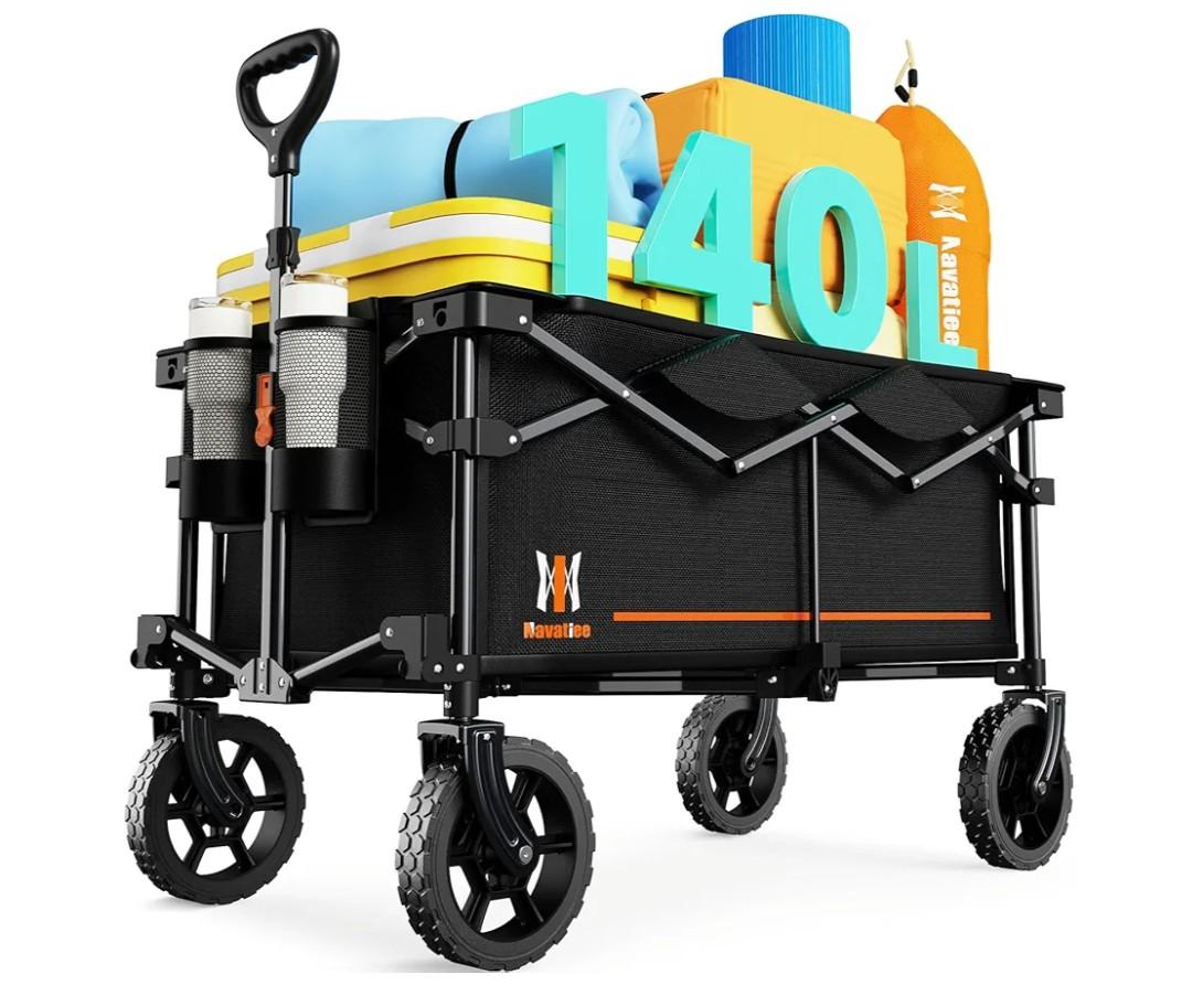 Navatiee 140L Collapsible Folding Wagon, Large Capacity Foldable Wagon with Silent All-Terrain Wheels, Utility Grocery Cart for Camping Shopping Outdoor, Black