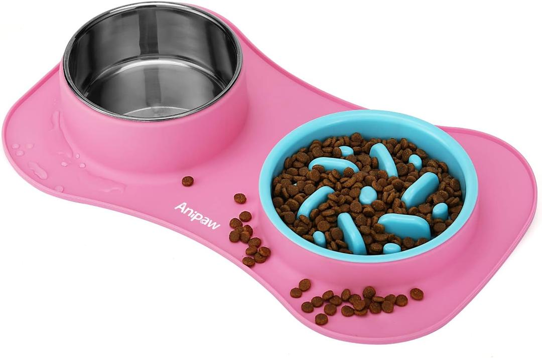 Anipaw Slow Feeder Dog Bowls 3 in 1 Stainless Steel Dog Food and Water Bowls with Non-Spill Non-Skid Silicone Mat to Slow Down Eating for Large Medium Small Breed Size Dogs and Cats (Pink)