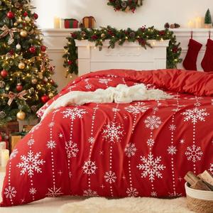 CAROMIO Christmas Duvet Cover King, Reversible Printed Comforter Cover Set Christmas Holiday Decorative Bedding, Soft Microfiber Red Duvet + 2 Pillow Shams (Snowflake Elegance, King)