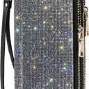 Women's Rhinestone Large Capacity Double Zipper Wristlet Clutch Purse Party Wallet Card Phone Holder (White Diamond)