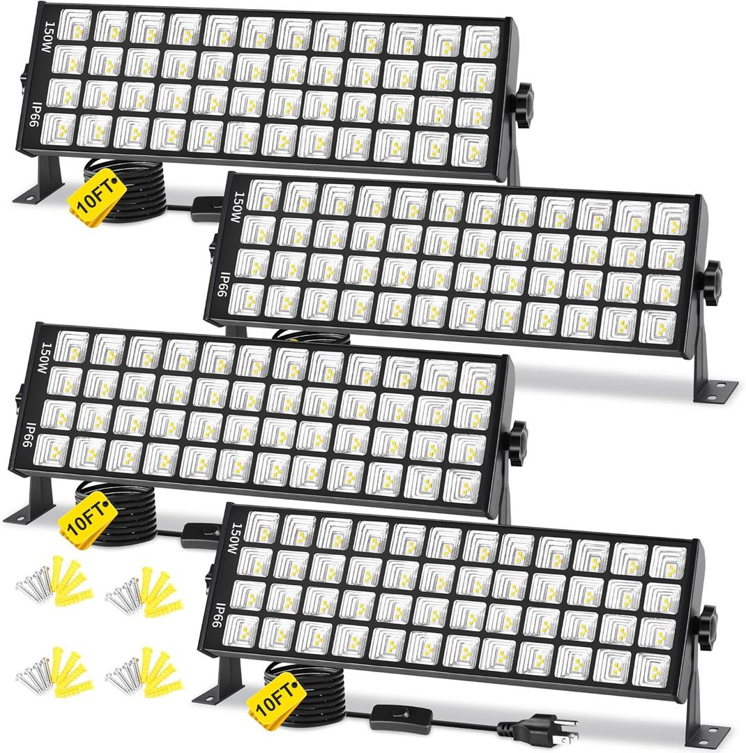 150W LED Shop Light, 18000LM 6000K Daylight White Super Bright, IP66 Waterproof Garage Light with On/Off 10 FT Cord Bay Lighting for Workshop Yard Garage Warehouses Yard 4 Pack