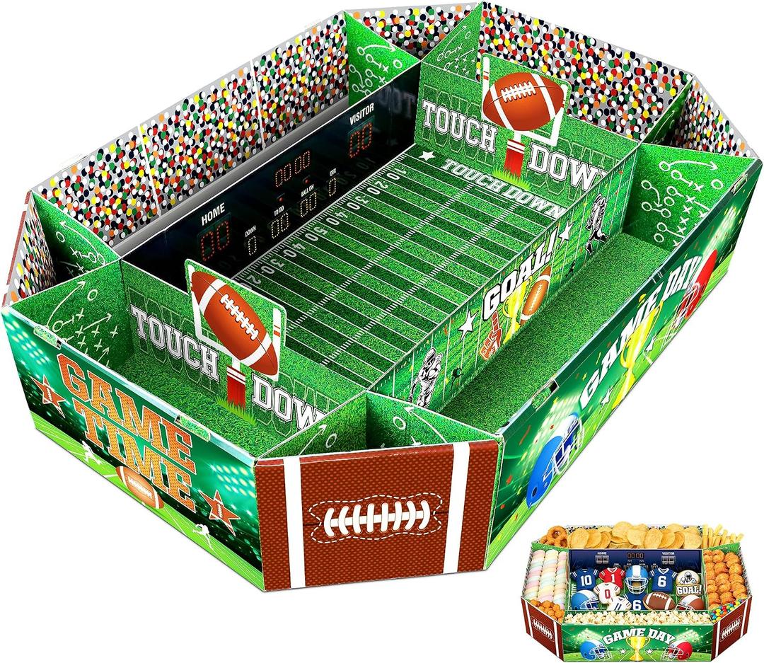Football Party Supplies Kit - Large 23.62x17 inch Superbowl Snack Stadium Tray & Cardboard Food Trays Plates, All-in-One Football Party Decorations for Superbowl 2026, Game Day, Birthday Celebrations