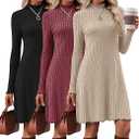 3 Pack Women's Long Sleeve Sweater Dresses Ribbed Knit Lettuce Trim Mock Turtleneck Short Casual Slim Fit Dresses Small