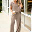 Glamaker Womens 2 Piece Summer Outfit Lounge Set Cap Sleeve Polo Top And Pant Set Tracksuit Travel Matching Outfit 2026 (Brown, S)