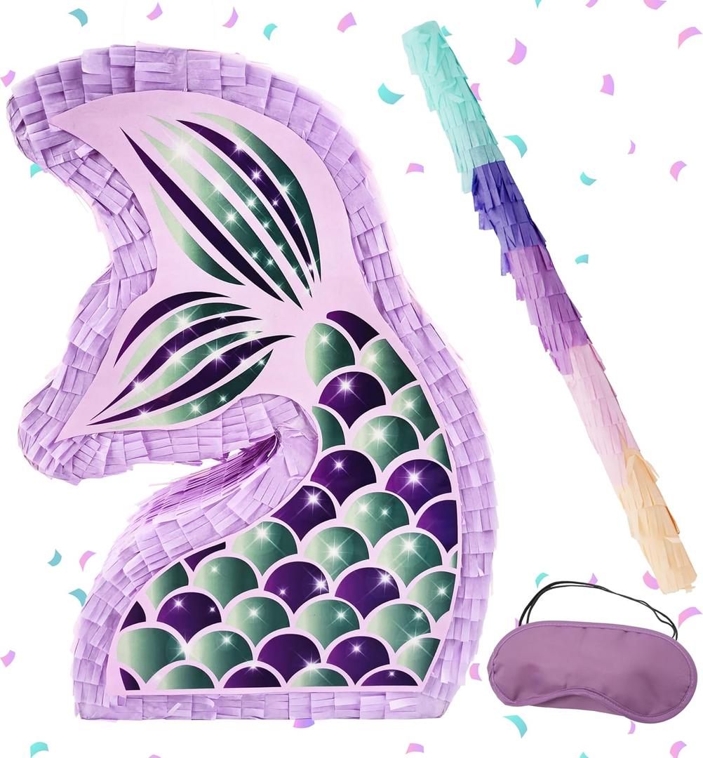 4E's Novelty Mermaid Pinata With Bat & Blindfold for Mermaid Birthday Party Decorations Supplies for Kids Girls Under the Sea Mermaid Ocean Theme Birthday Party Game Activity Mermaid Decor