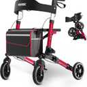 Rollator Walkers for Seniors with Seat, Rollator Walker with Seat and Brakes, Equipped All Terrain 8''PVC Rolling Wheel & Basket, Lightweight and Foldable Aluminum Alloy Frame, Height Adjustable, Red