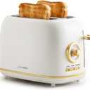 2-Slice Toaster, Wide Slots, 7 Bread Shade Settings, Stainless Steel, Bagel, Cancel, and Defrost Functions, Removable Crumb Tray, Retro Style Toaster,Matte White and Gold