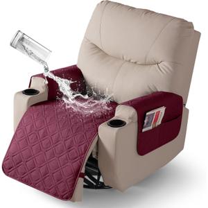 VANSOFY Recliner Chair Covers 100% Waterproof Seat Cover with Arm Reclining Cover Non-Slip Recliner Chair Covers Furniture Protector Washable Slipcover with Pocket for Pets, Dogs(Burgundy, 22")