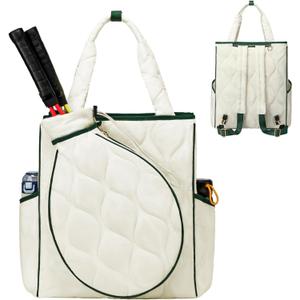 2-in-1 Tennis Tote Bag & Tennis Racket Backpack  Extra-Large Quilted Pickleball Racquet Bags, Water-Resistant & Lightweight for Men & Women (White)