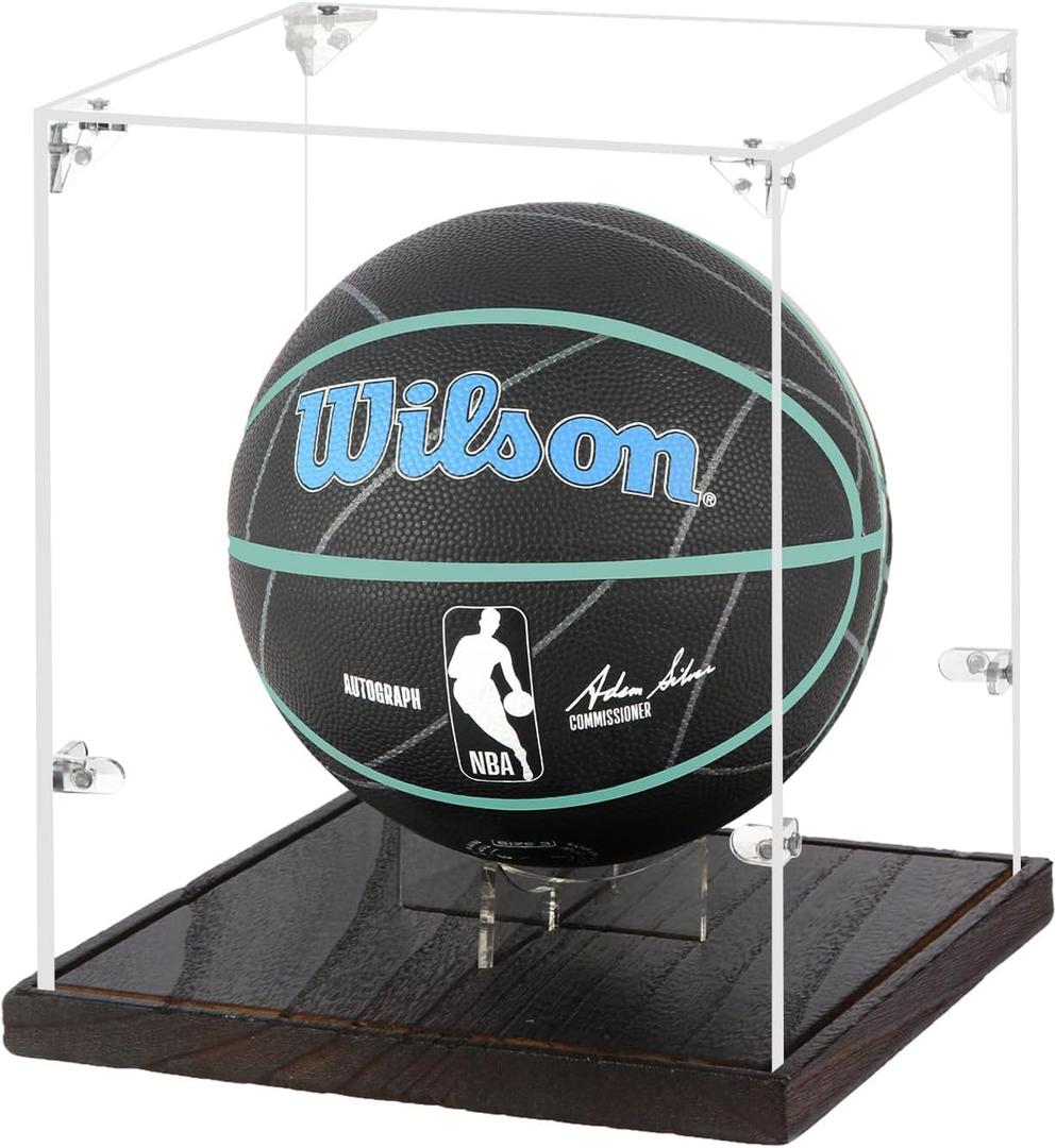 Mini Basketball Display Case with Solid Wood Base, 8-Inch Mini Basketball Display Case for Autographed Mini Basketballs, Memorabilia Display - Sports Collectible Storage for Mini Basketball Collectors
