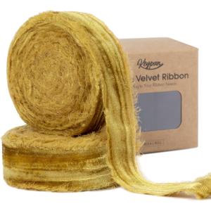 Gold Velvet Ribbon 1 Inch x 6 Yd Crinkled Handmade Frayed Vintage Ribbons for Christmas Gift Wrapping Tree Home Decor Wreath Craft Ornaments