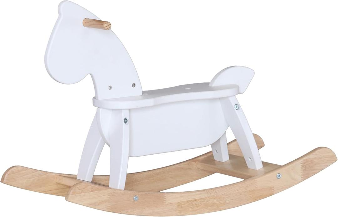 White Wooden Rocking Horse Funny for Toddlers (Ages 2-4) - Solid Rubber Wood, Enhanced Rocking Base, Smooth Surface for Creative Decoration, Minimalist Rocking Horse