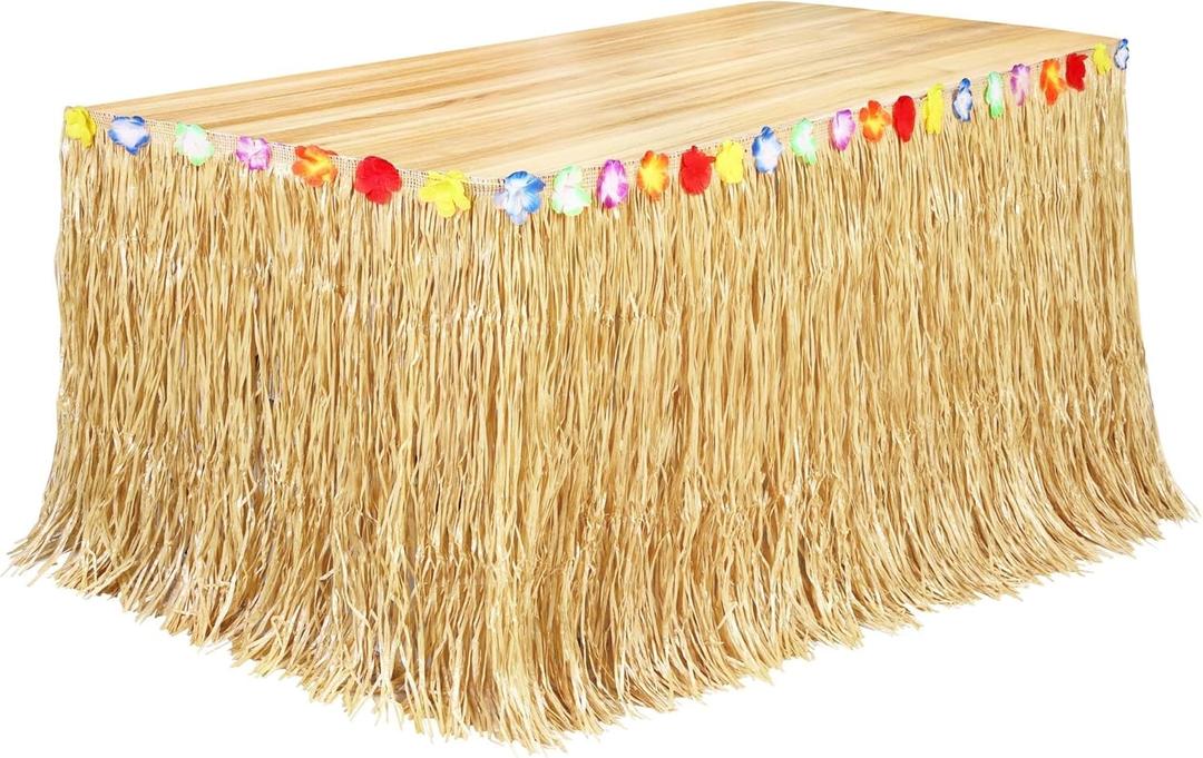 Fovths Luau Grass Table Skirt Natural 9 Feet x 29.5 Inch Hawaiian Table Skirt for Tropical Hawaiian Party Decorations Luau Costume Party, Straw Yellow
