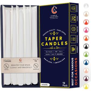 Bright White 10 Inch Taper Candles - Pack of 12 Premium Unscented, Dripless & Smokeless Hand-Dipped Candles for Birthday, Wedding or Dinner Decorations and Formal Candlelighting