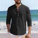 TAFLE Mens Linen Henley Shirts Casual Long Sleeve Hippie Yoga Tops Lightweight Summer Beach T-Shirt Black (Black, L)