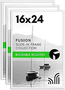 16x24 Poster Frame with Polished Front Cover - Set of 3 - Slide-In Photo Frame with Buildable Molding - Fusion Collection - Picture Frames for Wall Display - White