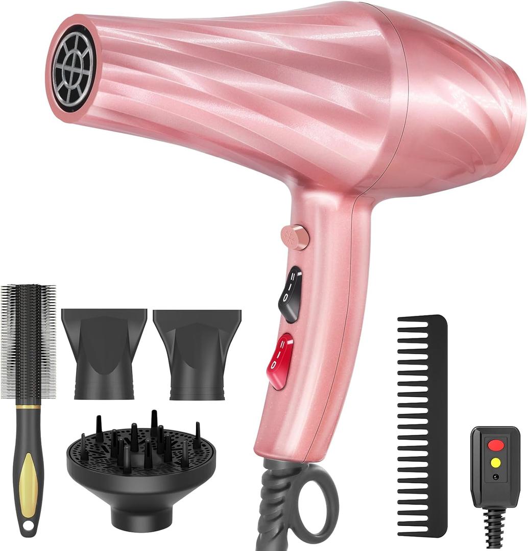 Ionic Hair Dryer,2400W Negative Ion Low Noise Hair Dryer Professional Fast Drying Hair Dryers with 2 Speeds, 3 Heat Settings, Cooling Button,with Diffuser for Curly and Straight HairSakura Pink