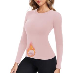Thermal Underwear Tops for Women Long Sleeve Crewneck Shirts - Fleece Lined Soft Stretch Fitted Baselayer for Winter (Pink)