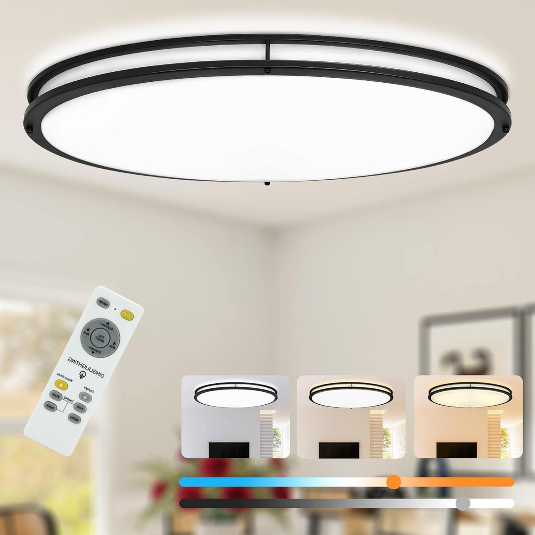 DLLT 65W Dimmable LED Flush Mount Ceiling Light with Remote, 32" Oval Brush Nickel Finish Close to Ceiling Light Fixture for Bedroom/Living Room/Kitchen Lighting, 3CCT Adjustable, Black