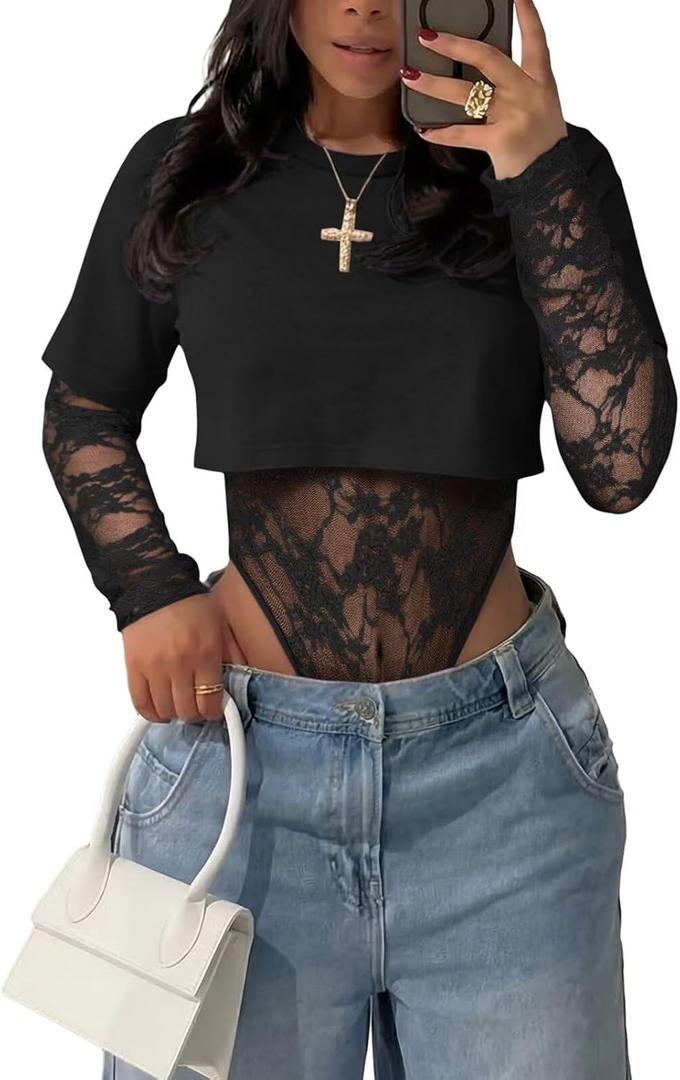 acelyn Sexy Lace Bodysuit Casual Cropped Tee Tops for Women See Through Club Outfits for Night Out Party, Small Short