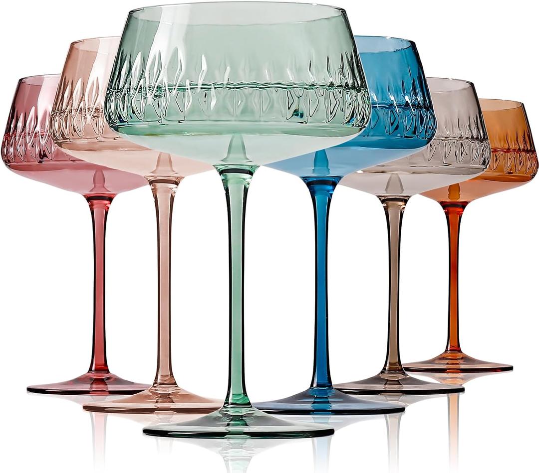 Colored Martini Glasses Set of 6, Hand Blown Colorful Cocktail Glass 14Oz, Large Vintage Champagne Coupe Glasses, Crystal Retro Style Bar and New Year Drinking Glasses, Valentine's Day Gifts