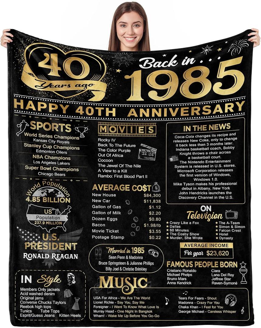 40th Anniversary Blanket Gifts Gift for 40th Wedding Anniversary Ruby 40 Years of Marriage for Wife Mom Husband Dad Couple Parents Grandparents Throw Blankets 60Lx50W Inch Gold