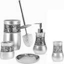 Crackled Glass Silver Bathroom Accessories Sets Complete - Toilet Brush and Holder, Soap Dispenser, Toothbrush Holder, Tumbler & Soap Dish