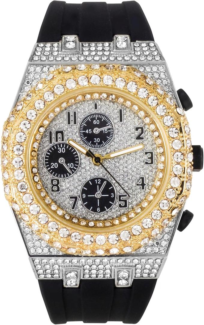 Men's 43mm Iced Out Octagonal Case Silicone Band Watch