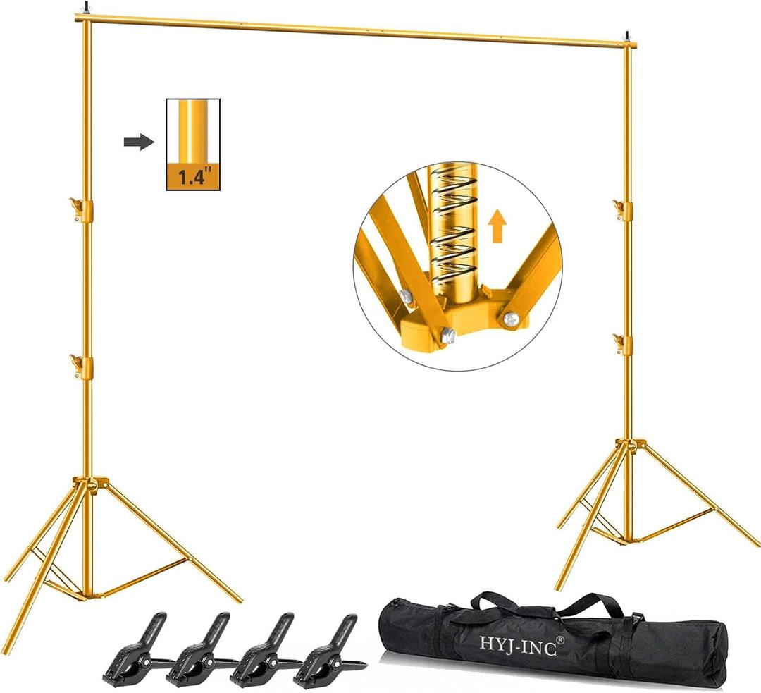 Photo Video Studio Backdrop Stand- Gold, 12(W) x 10(H) ft Heavy Duty Adjustable Photography Muslin Background Support System Kit with Carry Bag,4 Spring Clamps