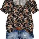 SOLY HUX Women's Plus Size Boho Tops Floral Print Square Neck Ruffle Short Sleeve Summer Tops (Black, L)