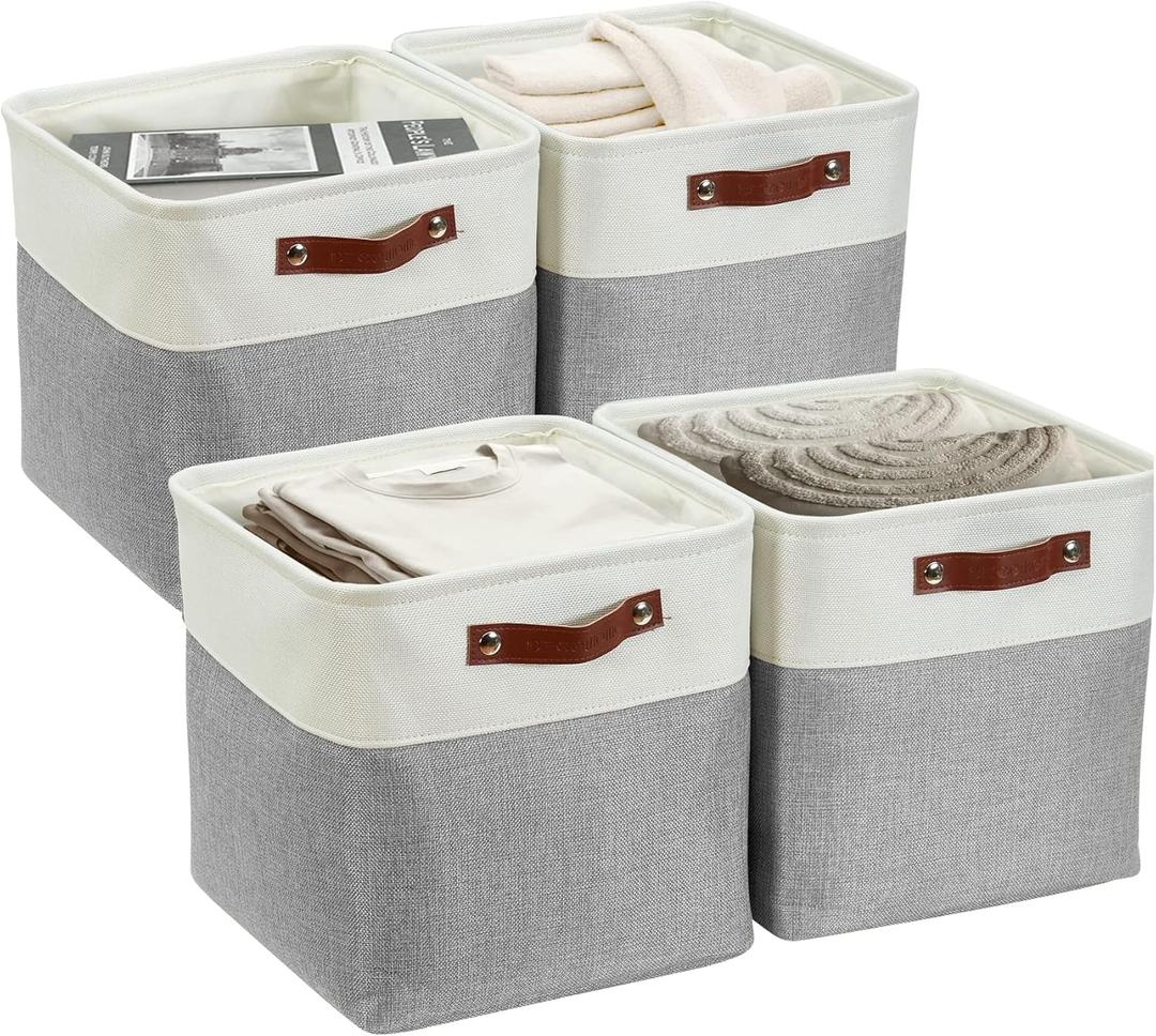 DECOMOMO Storage Cubes, 12x12 Storage Bins, Baskets for Shelves (Grey & White, Cube 12" - 4 Pack) (Cube/4P - 12"x12"x12", Grey and White)