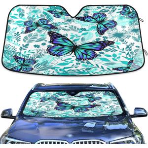Floral Blue Butterflies Windshield Sunshade Car Sun Shade Protector for Small Car SUV Front Window (C12)