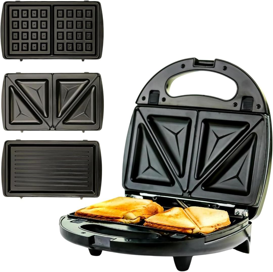 OVENTE 3 in 1 Electric Sandwich Maker, Panini Press Grill and Waffle Iron Set with Removable Non-Stick Plates, Perfect for Cooking Grilled Cheese, Tuna Melts, Burgers, Steaks and Snacks, Black GPI302B