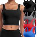 Womens Sports Bras 5 Packs - Square Neck Longline Workout Crop Tank Tops Padded Yoga Camisole with Built in Pads M