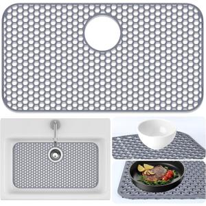 Sink Protectors Mat - 25.79"x13.98" Kitchen Sink Pad for Bottom of Basin for Protection of Stainless Steel and Tableware, Farmhouse Rubber Basin Mat Protector with Rear Drain - Light Gray