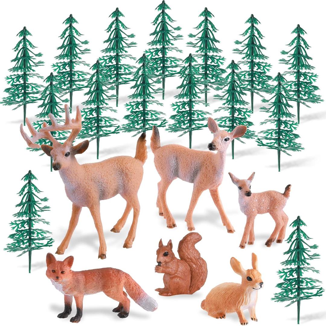 Zomiboo 21 Pcs Forest Animals Figurines Woodland Animal Toys Deer Hunting Cake Decorations Miniature Tree Mold Kits for Birthday Christmas Party Favors